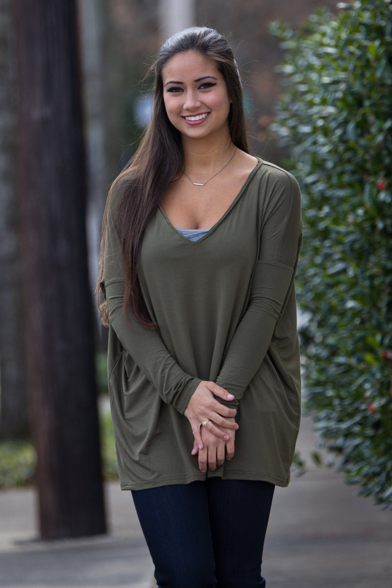 The Perfect Piko V-Neck Top-Dark Olive
