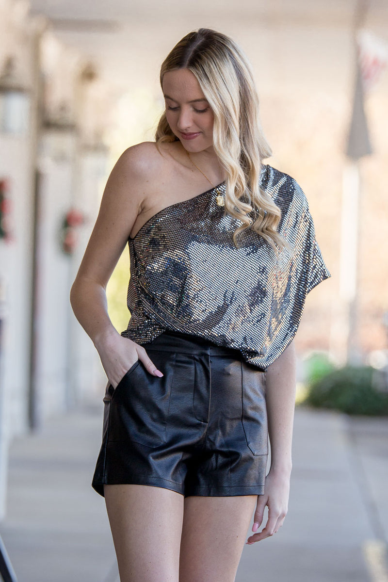 Sequin One Shoulder Top-Silver