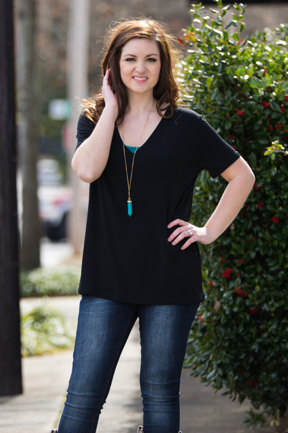 SALE-Short Sleeve V-Neck Piko Tee-Black - Simply Dixie Boutique