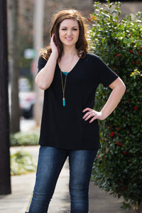 SALE-Short Sleeve V-Neck Piko Tee-Black - Simply Dixie Boutique