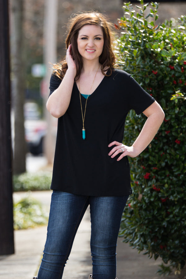 SALE-Short Sleeve V-Neck Piko Tee-Black - Simply Dixie Boutique