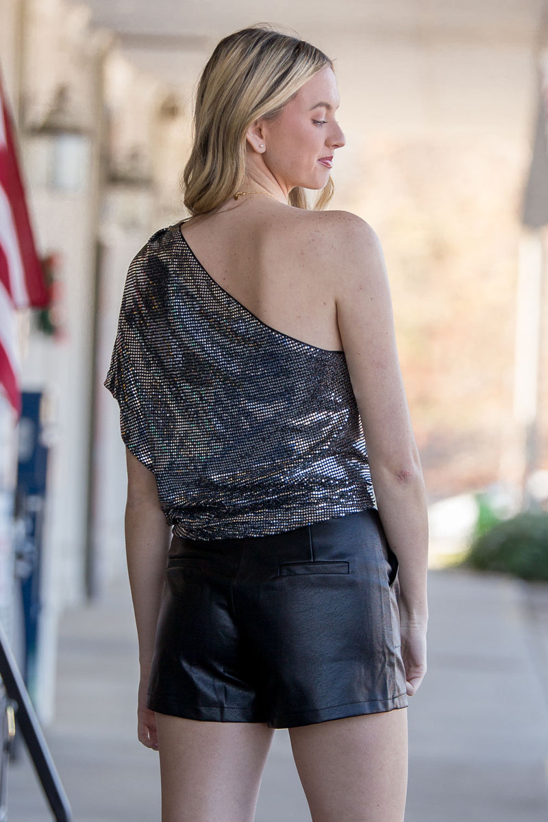 Sequin One Shoulder Top-Silver