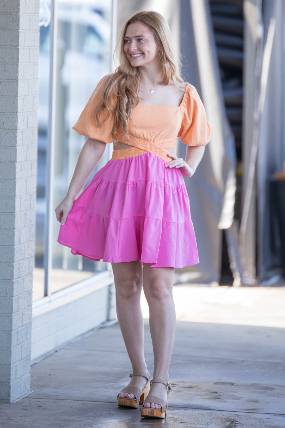 Lush Clothing Pink and Orange Color block dress