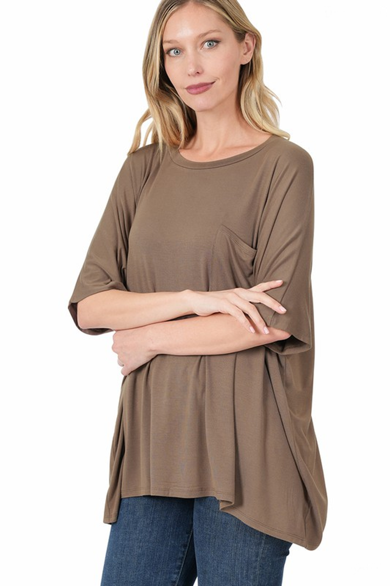 SALE-Zenana-Oversized Round Neck Front Pocket Top