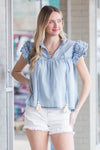 THML-Ruffle Sleeve Tassel Tie Top-Denim