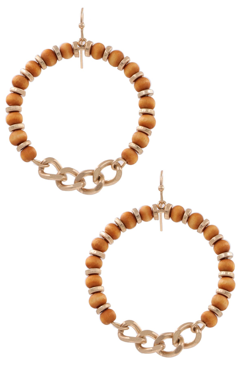 Wood Bead Metal Chain Drop Earrings-Brown