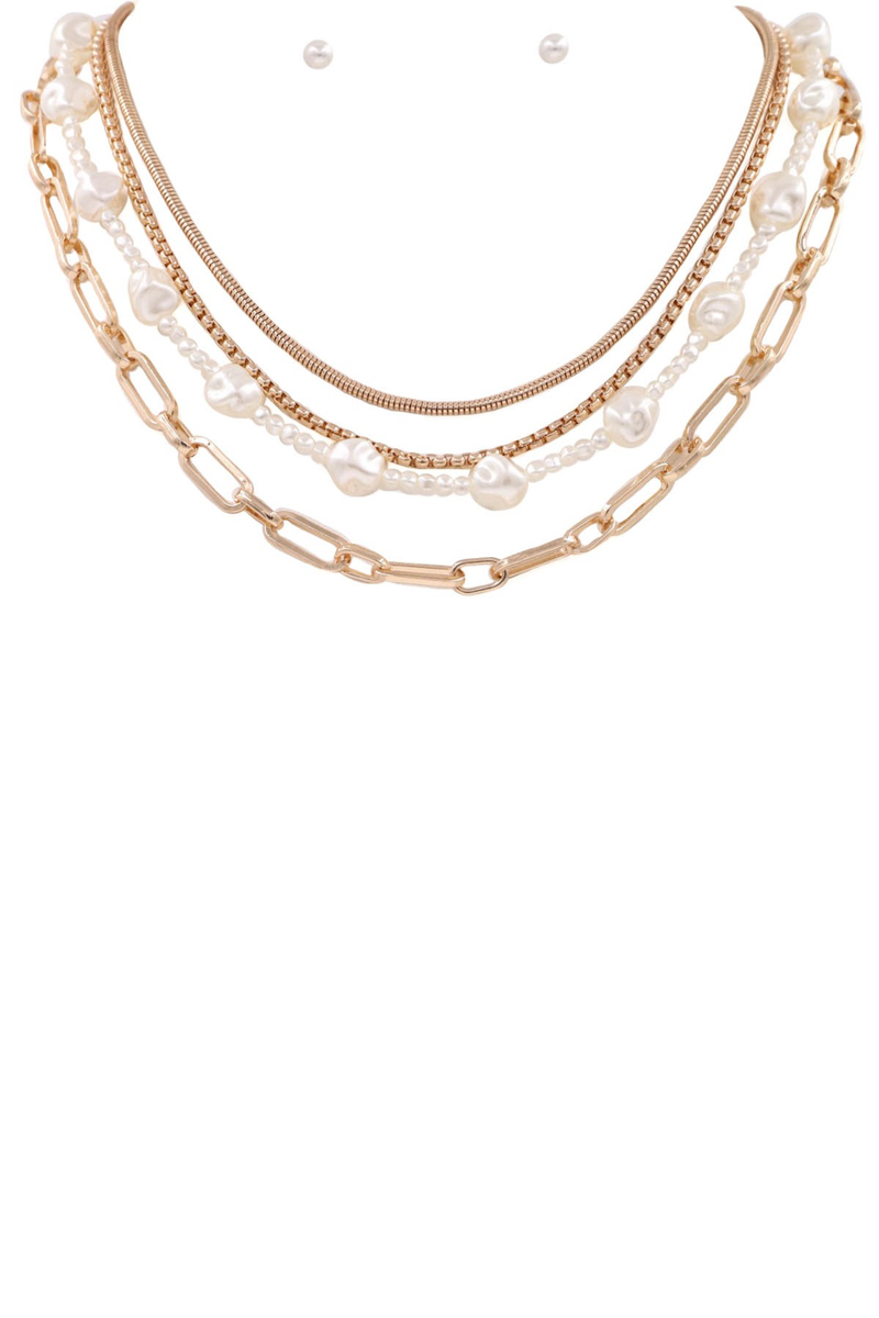 Layered Chain Pearl Necklace-Gold