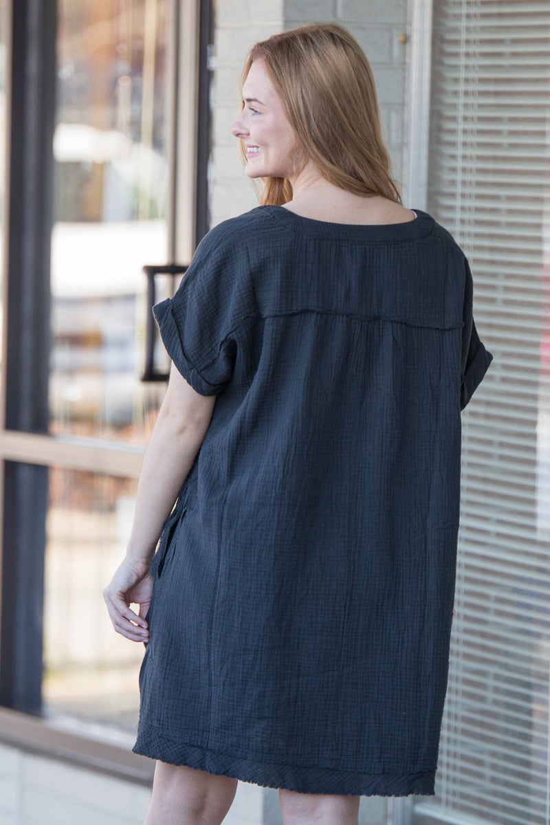 Zenana-Raw Edge Gauze V-Neck Dress