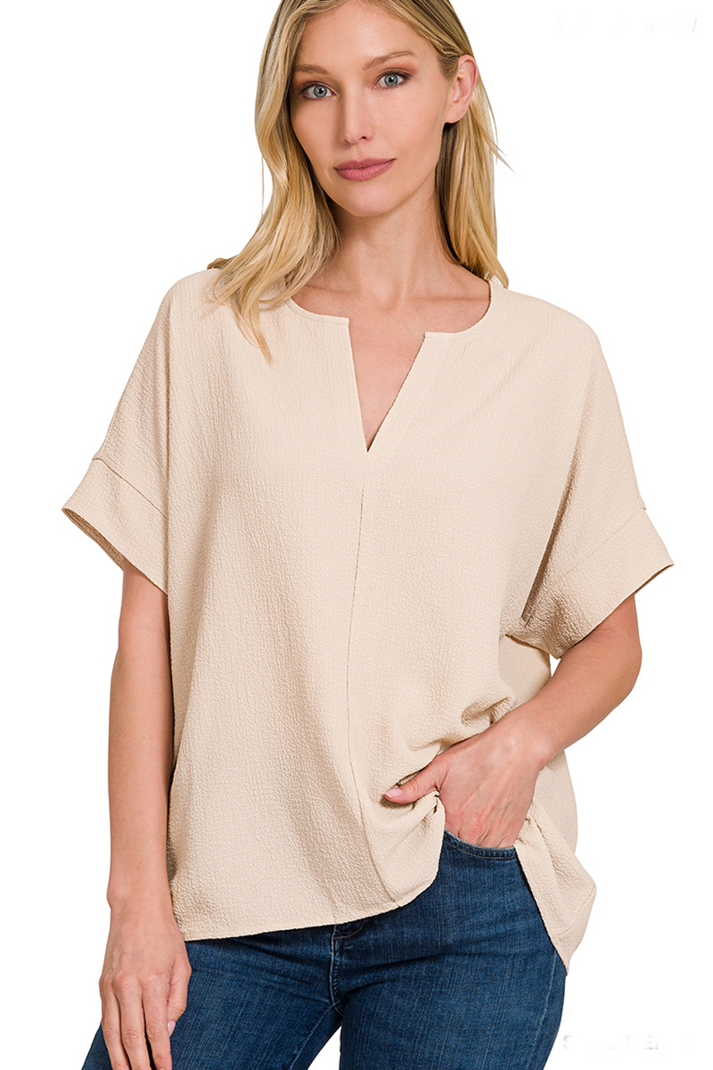 Zenana-Woven Bubble Split Neck Airflow Top