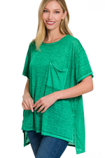 SALE-Zenana-Melange Burnout Hi Low Short Sleeve Top