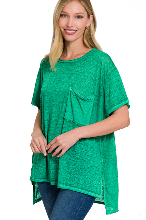 SALE-Zenana-Melange Burnout Hi Low Short Sleeve Top