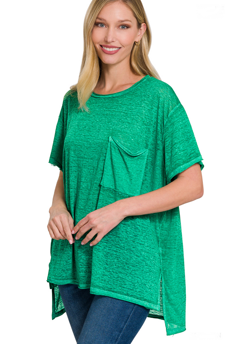 SALE-Zenana-Melange Burnout Hi Low Short Sleeve Top