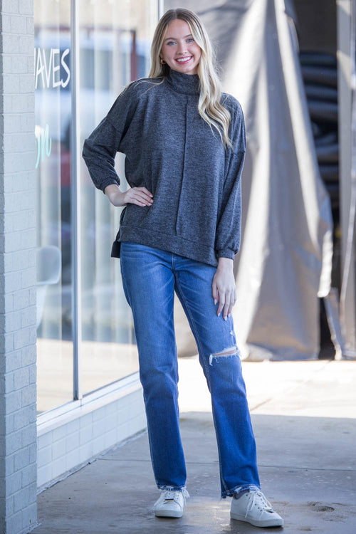 SALE-Zenana-Hacci Mock Neck Front Seam Sweater