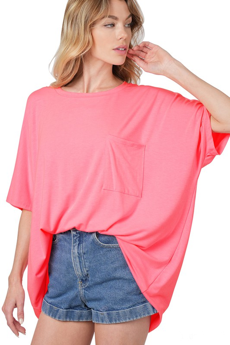 SALE-Zenana-Oversized Round Neck Front Pocket Top