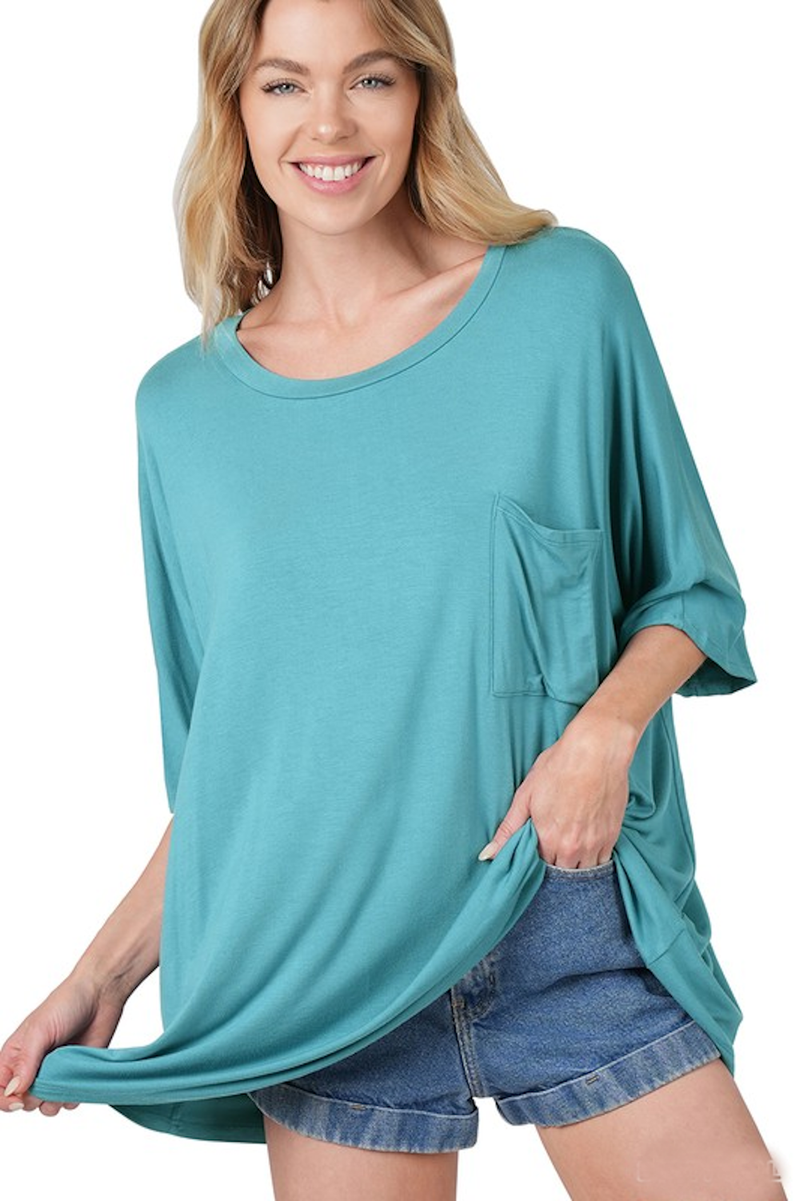 SALE-Zenana-Oversized Round Neck Front Pocket Top