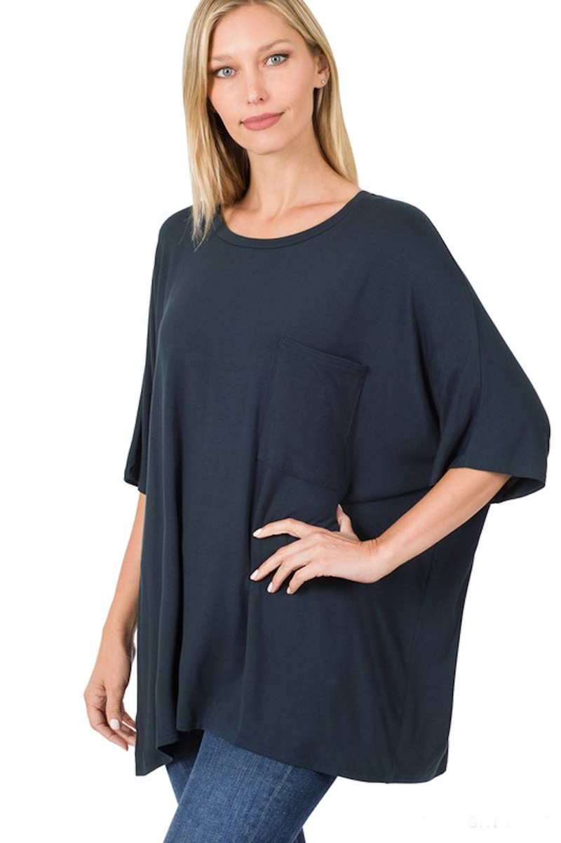 SALE-Zenana-Oversized Round Neck Front Pocket Top