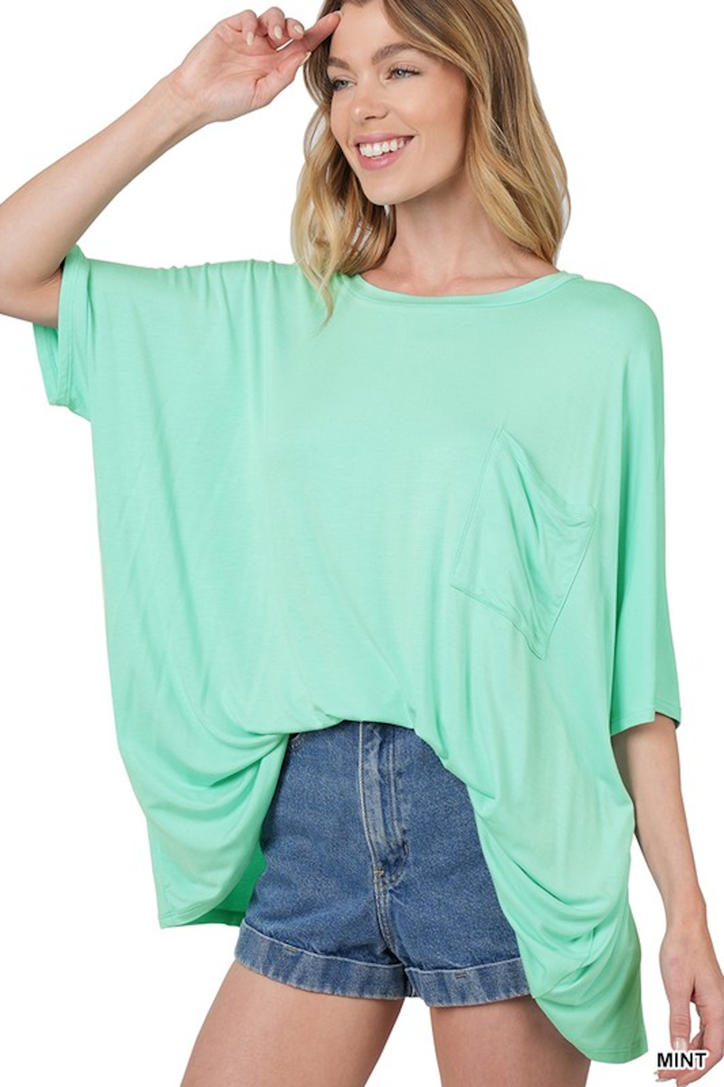 SALE-Zenana-Oversized Round Neck Front Pocket Top