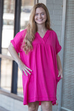 Zenana-Raw Edge Gauze V-Neck Dress