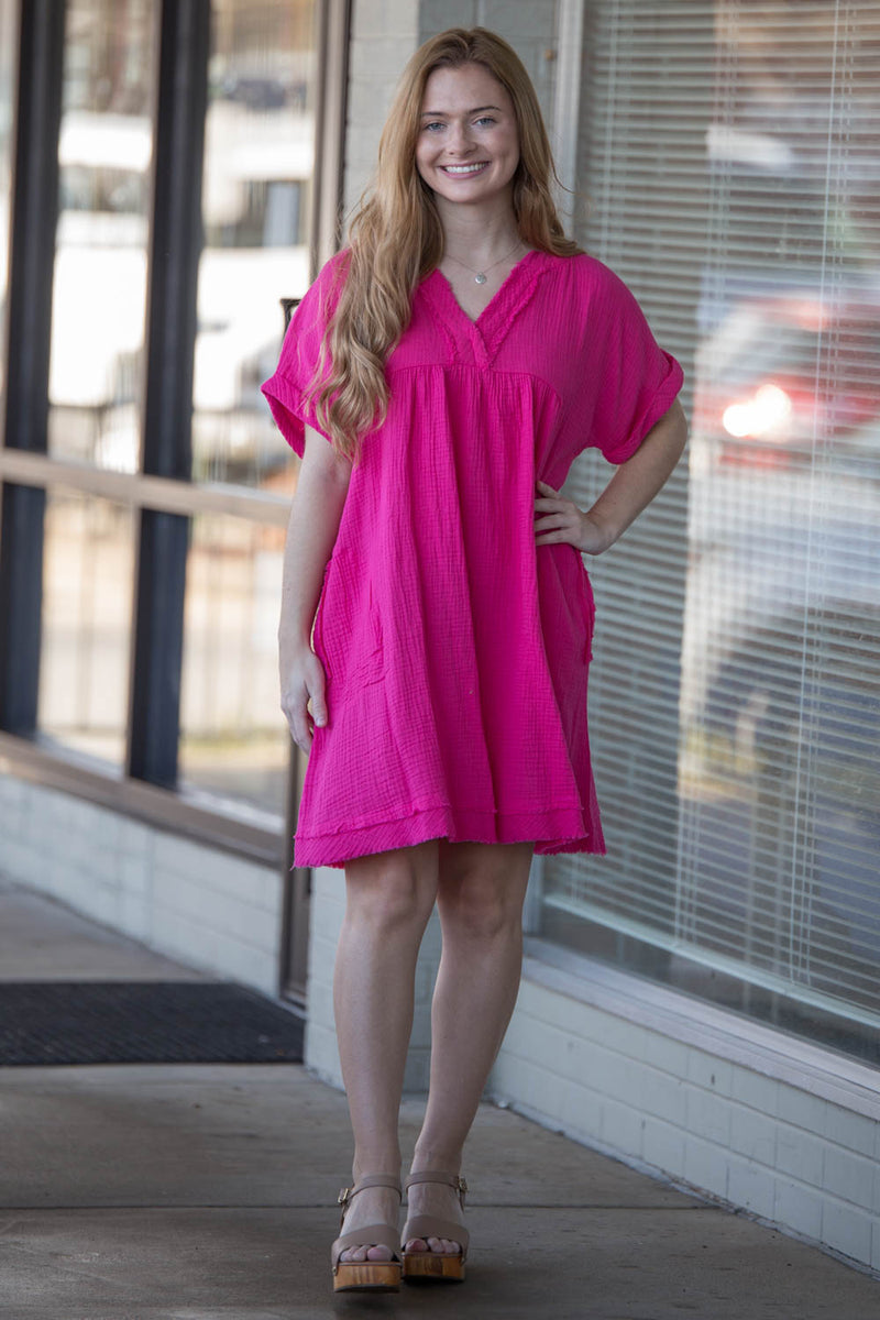 Zenana-Raw Edge Gauze V-Neck Dress