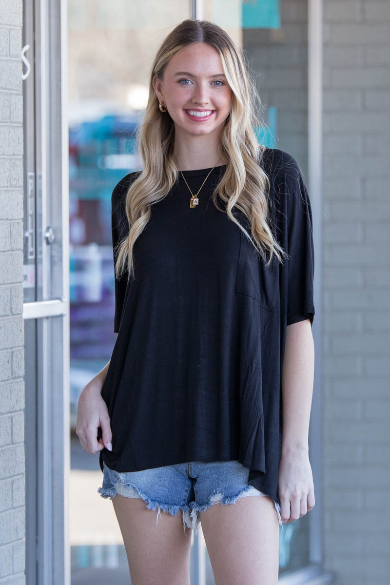 SALE-Zenana-Oversized Round Neck Front Pocket Top