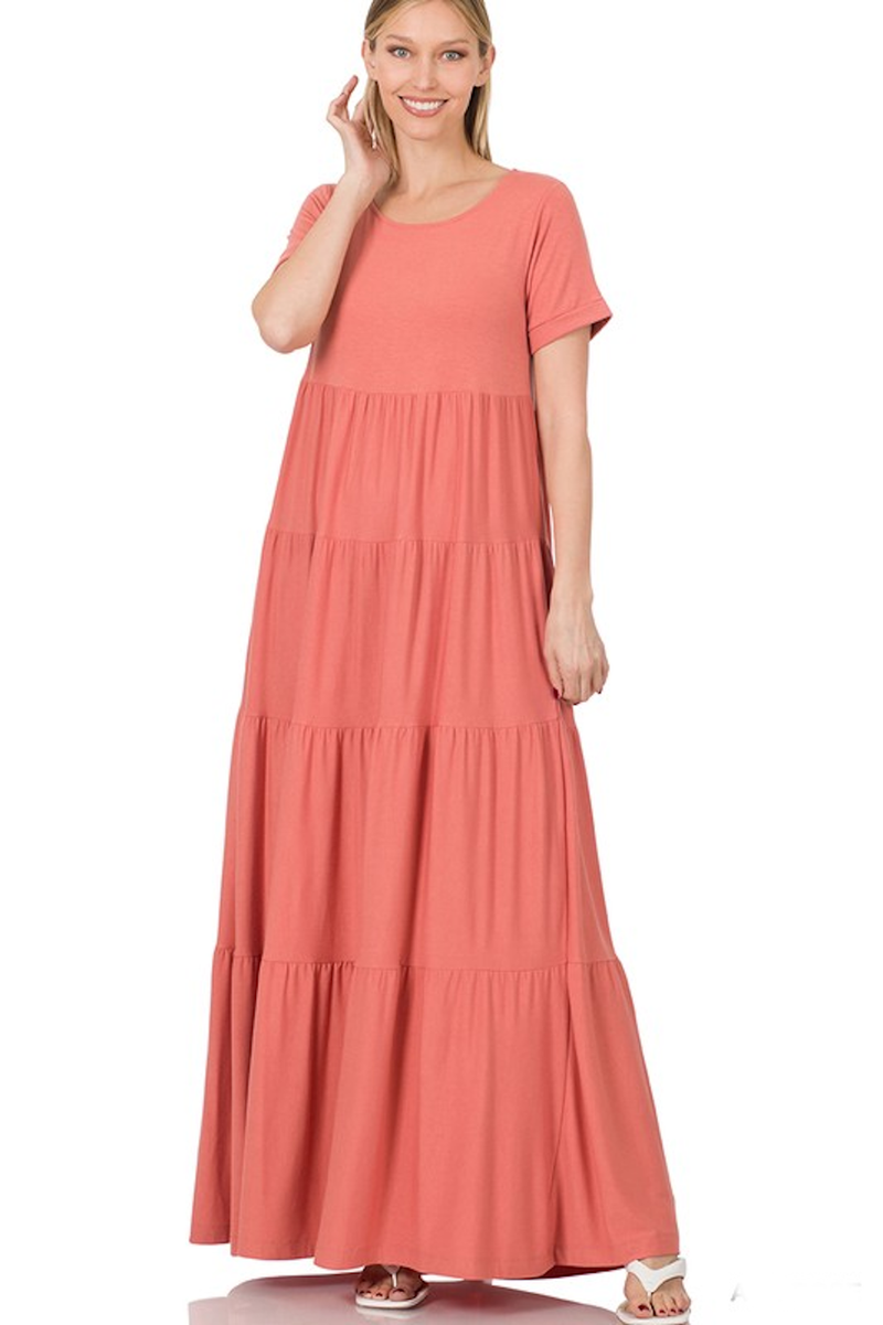 Zenana-Short Sleeve Tiered Maxi Dress