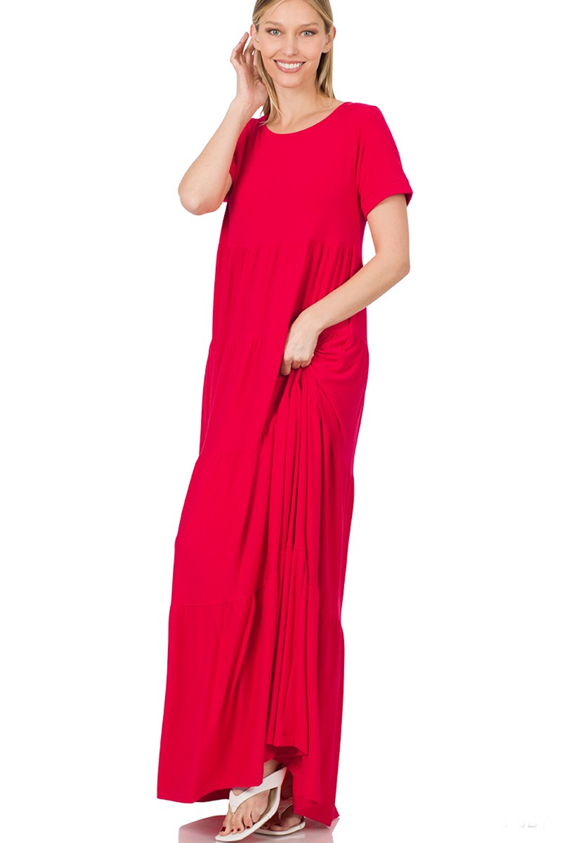 Zenana-Short Sleeve Tiered Maxi Dress