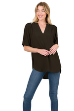 SALE- Zenana-Woven Split Neck Short Sleeve Top