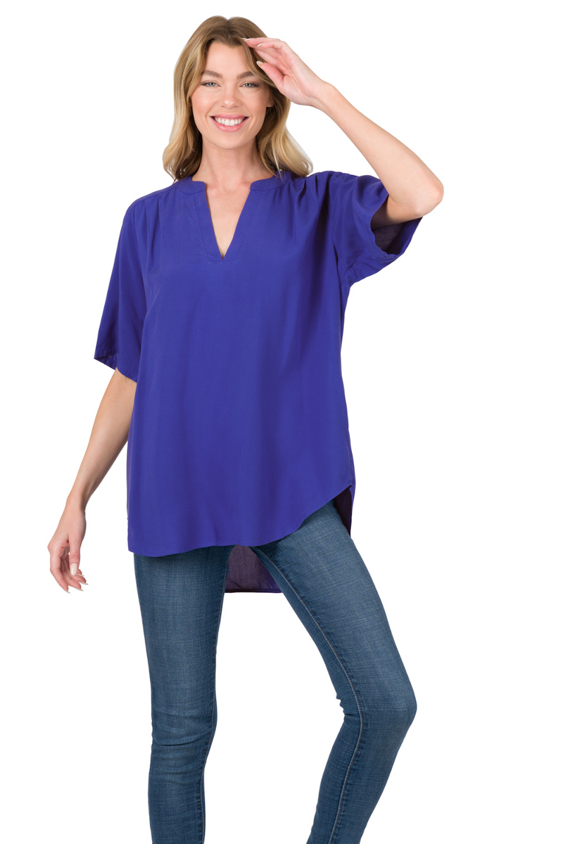 SALE- Zenana-Woven Split Neck Short Sleeve Top
