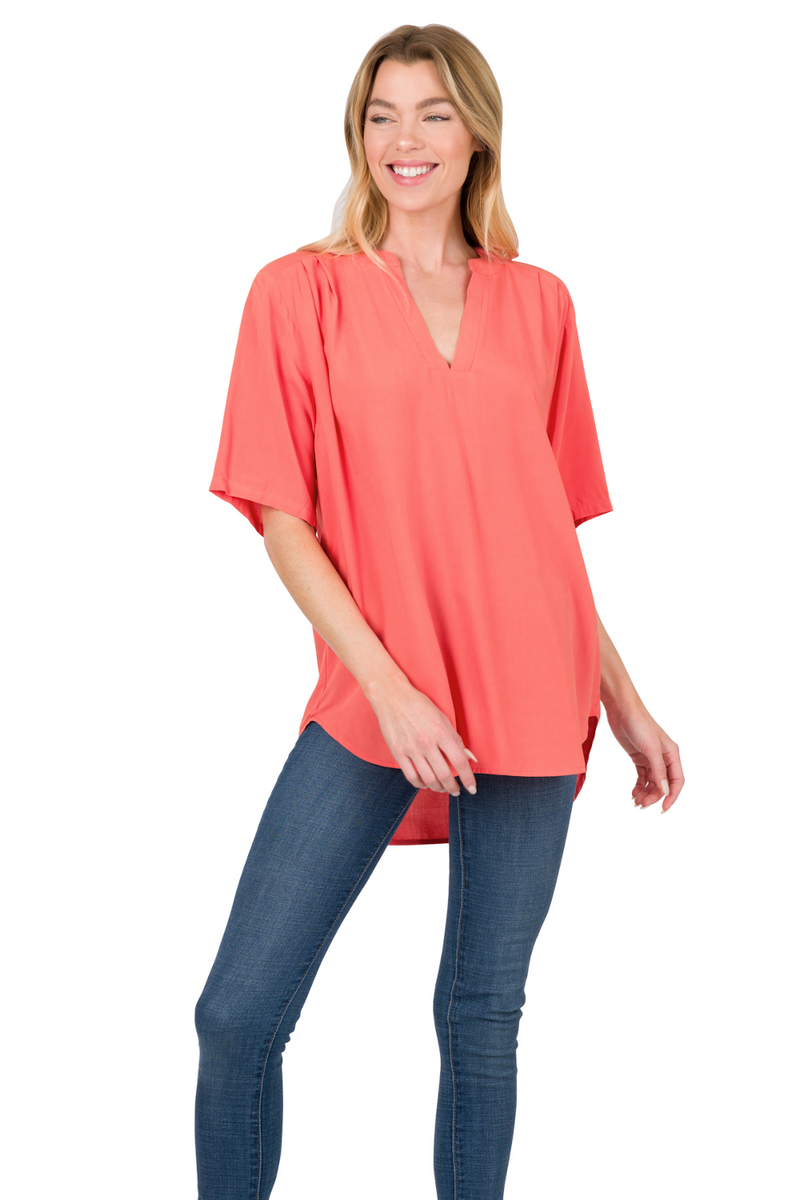 SALE- Zenana-Woven Split Neck Short Sleeve Top