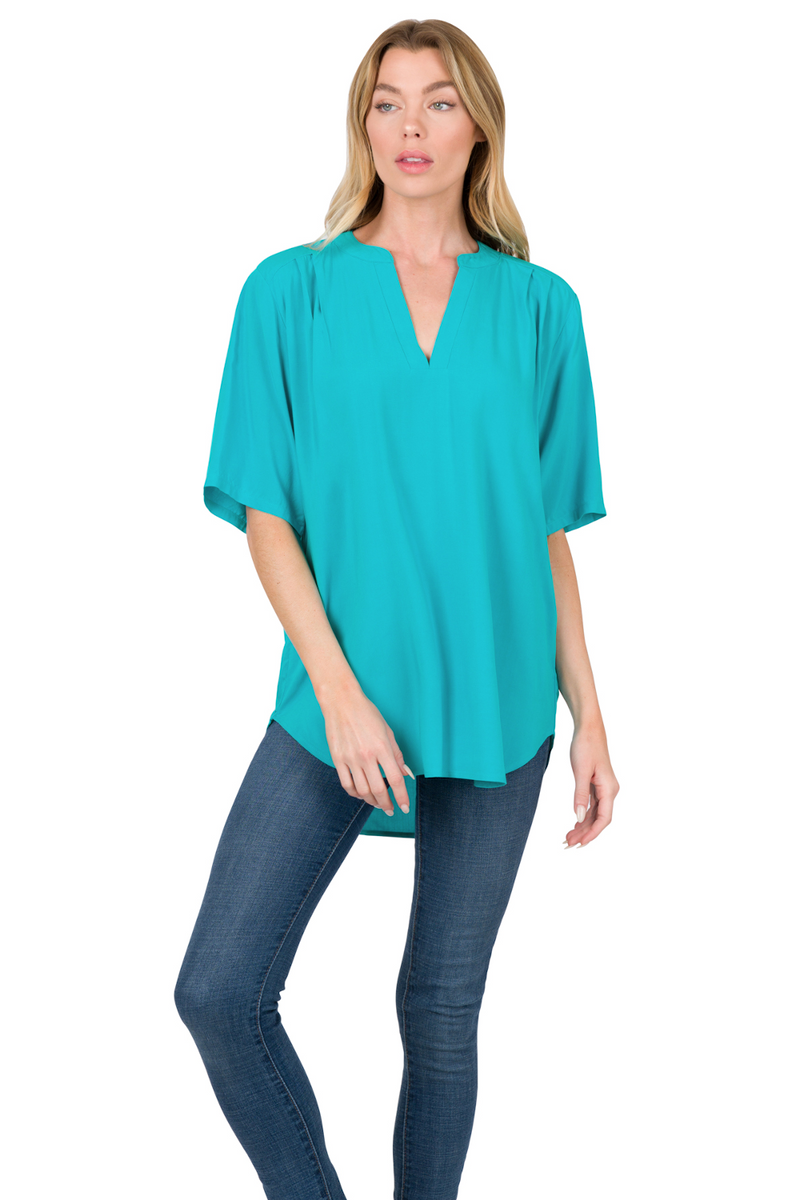 SALE- Zenana-Woven Split Neck Short Sleeve Top
