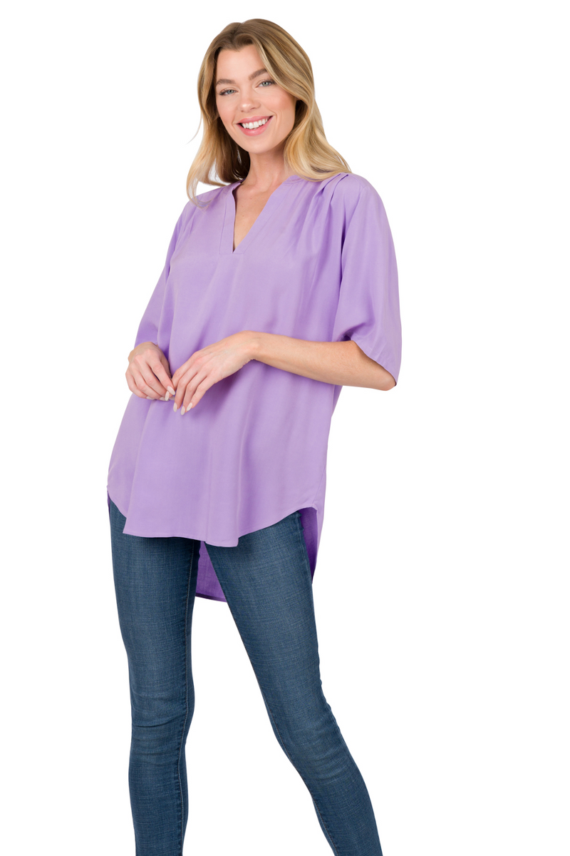 SALE- Zenana-Woven Split Neck Short Sleeve Top