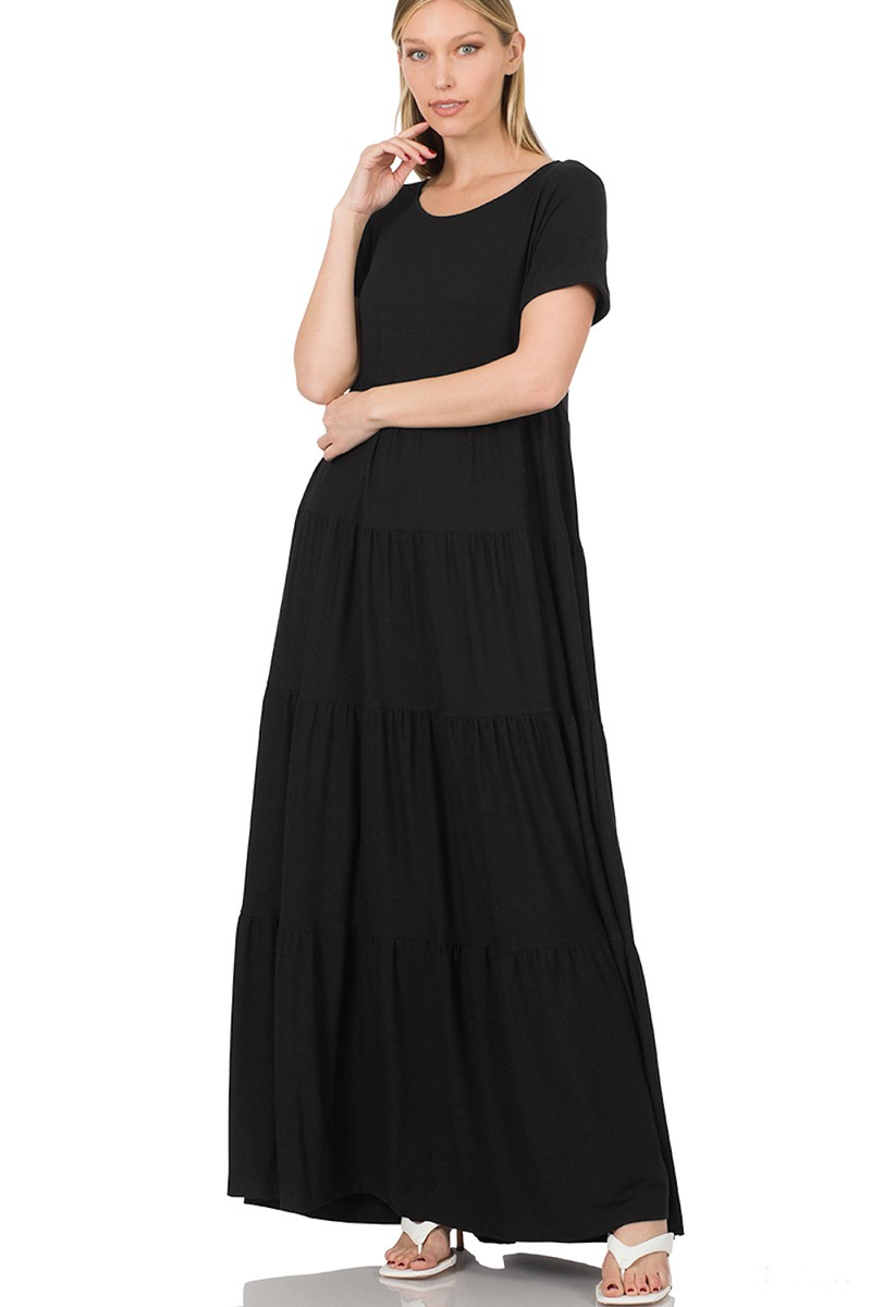 Zenana-Short Sleeve Tiered Maxi Dress