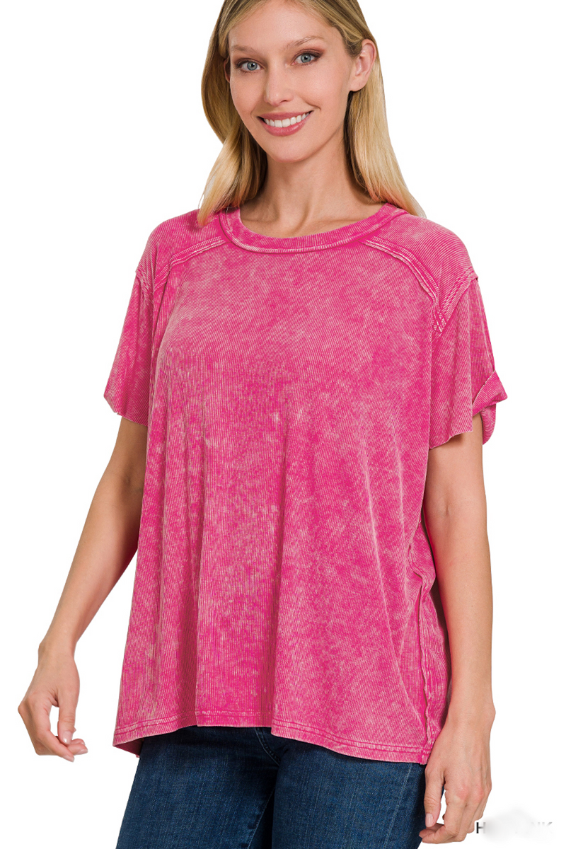 Zenana-Washed Ribbed Short Sleeve Boat-Neck Top