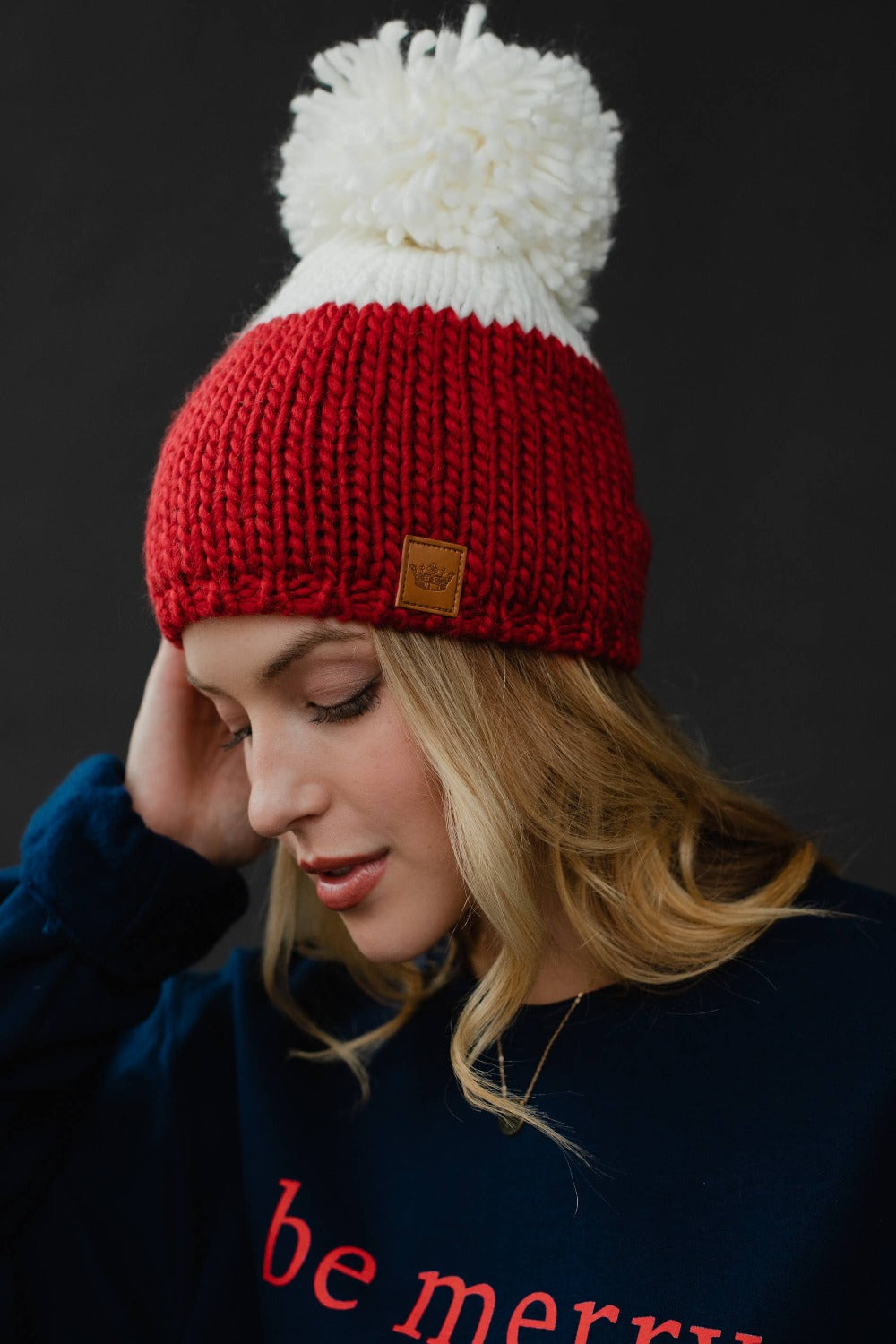 Red White Pom Beanie Panache